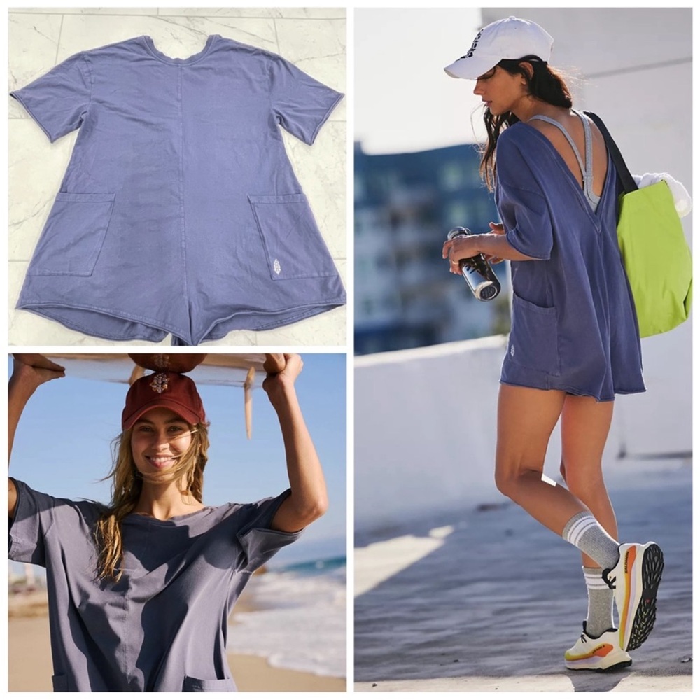 NEW Free People Hot Shot Tee Romper in Blue Indigo Size Small